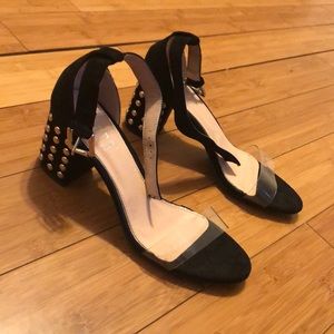 Black low chunky heels with clear strap open toe